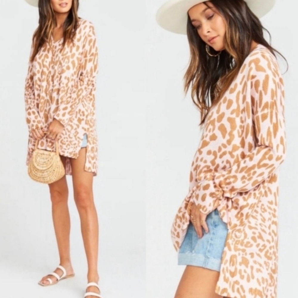 Show Me Your Mumu Cliffside Sweater Pink Leopard Print Long Sleeve Tunic Womens